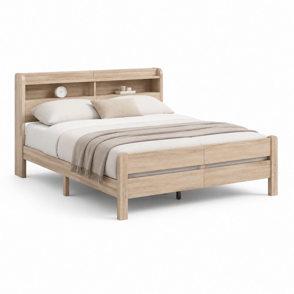 Letto matrimoniale rettangolare con testiera a ripiani rovere chiaro in MDF 160 x 200 cm