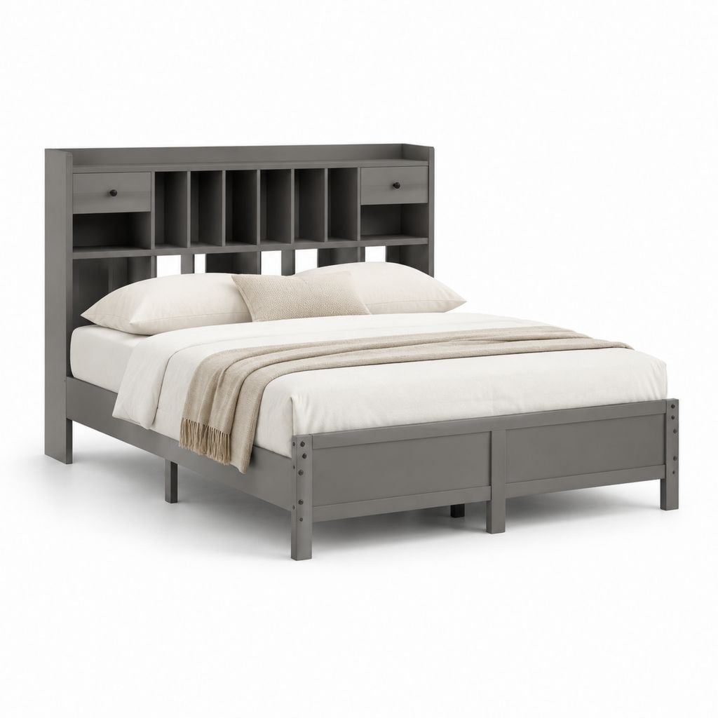 Letto matrimoniale grigio in MDF rettangolare con testiera portaoggetti per materasso 160 x 200 cm