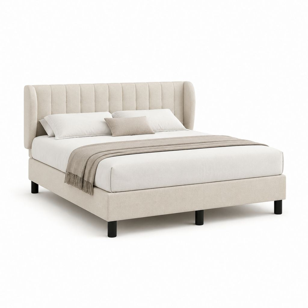 Letto matrimoniale imbottito beige in poliestere con testiera curva 160 x 200 cm