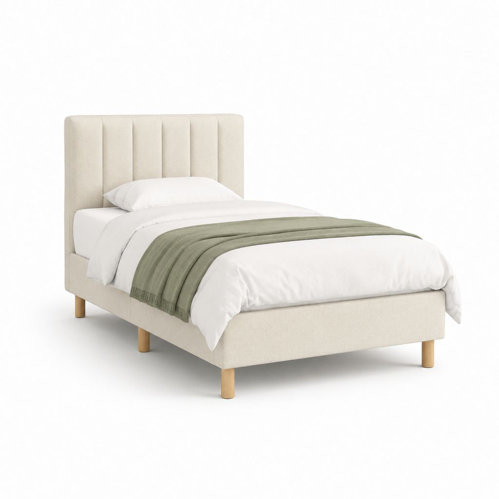 Letto singolo imbottito beige in poliestere con testiera a pannelli verticali 100 x 208 x 110 cm