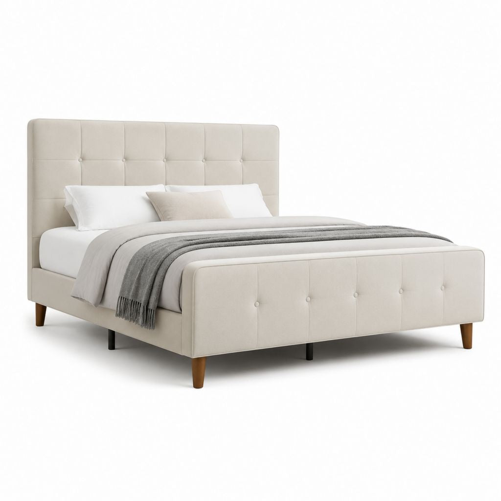 Letto matrimoniale imbottito beige in poliestere rettangolare con testiera capitonné 160 x 200 cm