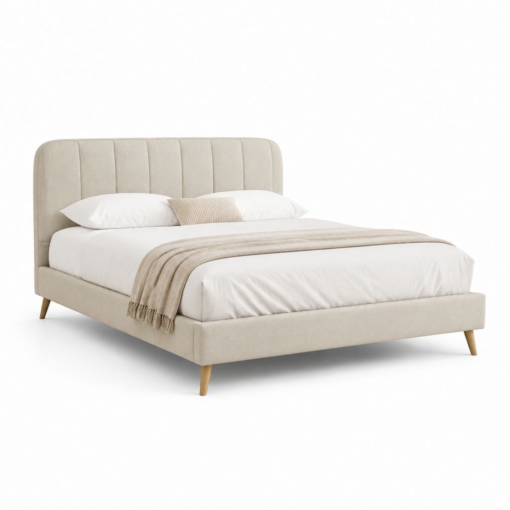 Letto matrimoniale imbottito beige in poliestere con testiera arrotondata 160 x 200 cm