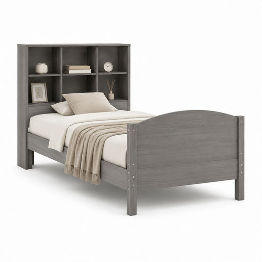 Letto singolo con libreria grigio effetto rovere in pannelli di particelle 90 x 190 cm
