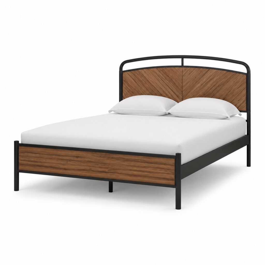 Letto matrimoniale con struttura in acciaio nero e pannelli effetto noce 160 x 200 cm