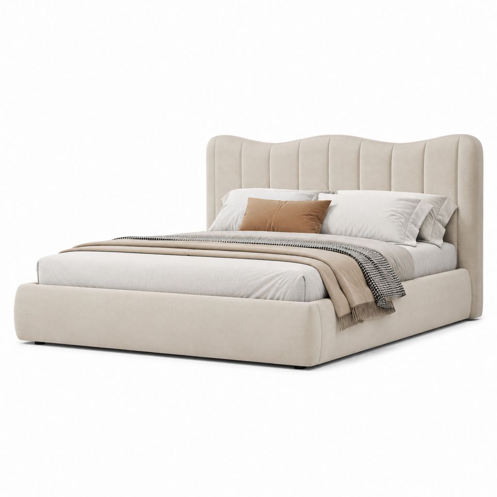 Letto matrimoniale imbottito beige in poliestere con testiera curva 180 x 225 x 115 cm