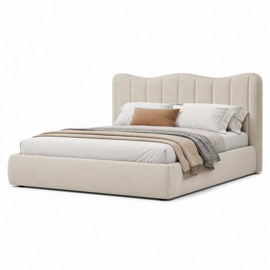Letto matrimoniale imbottito beige in poliestere con testiera curva 180 x 225 x 115 cm
