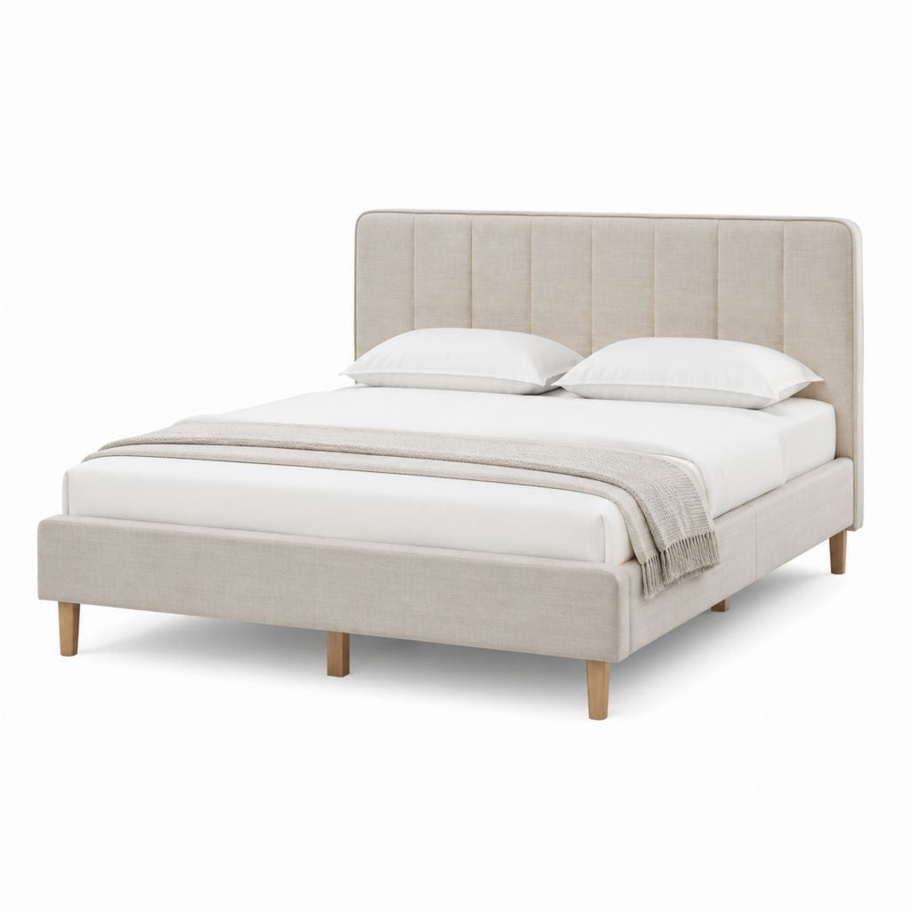 Letto matrimoniale imbottito beige in poliestere 160 x 200 cm con testiera alta