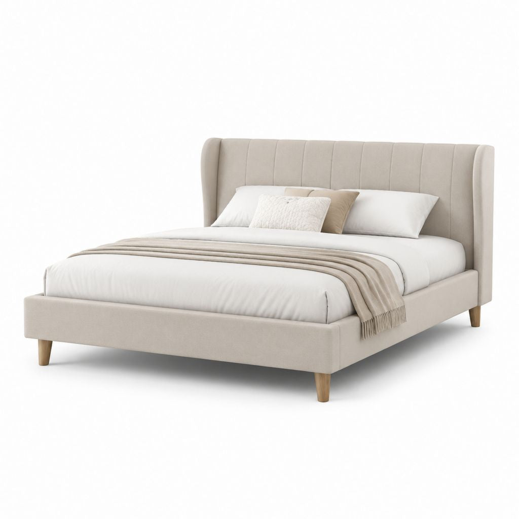 Letto matrimoniale imbottito beige in poliestere rettangolare con testiera alta 160 x 200 cm