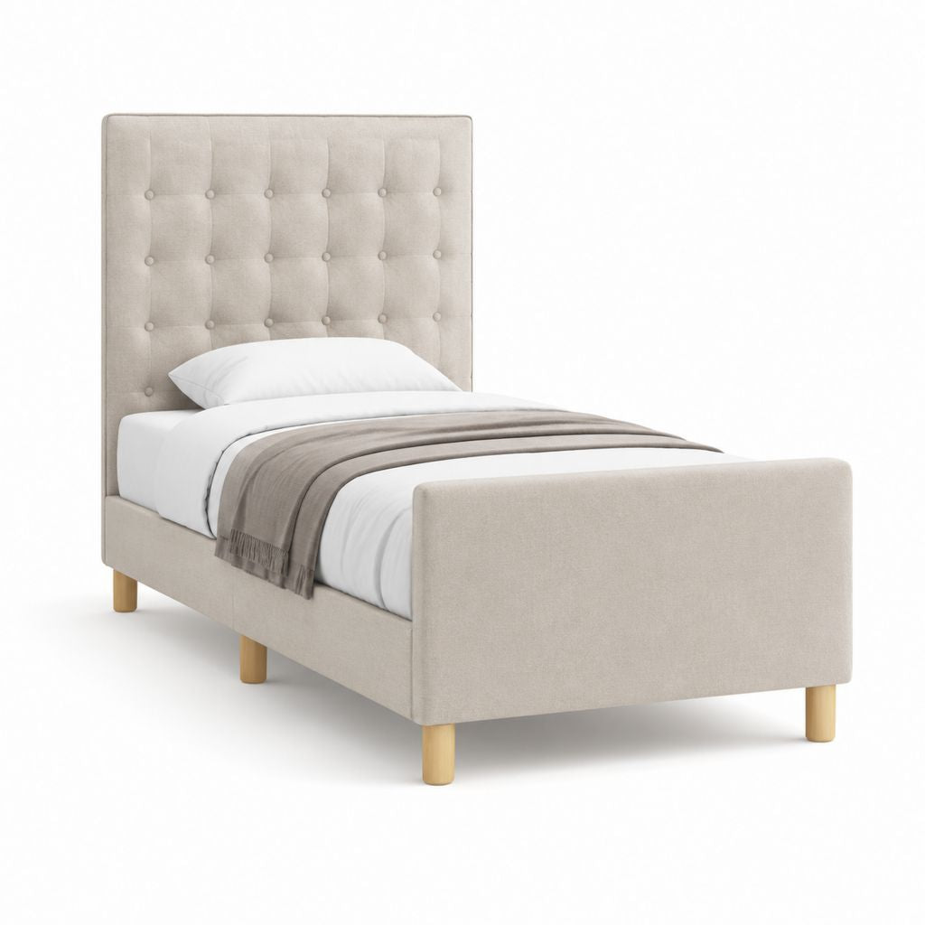 Letto singolo imbottito beige in poliestere con testiera capitonné 90 x 190 cm