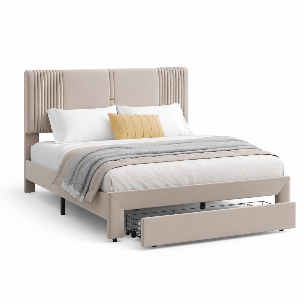 Letto matrimoniale beige imbottito in poliestere con contenitore estraibile 160 x 200 cm