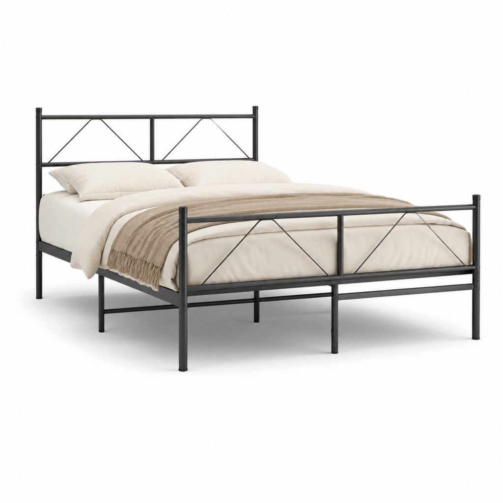 Letto matrimoniale in acciaio nero con testiera e pediera geometriche 160 x 200 cm