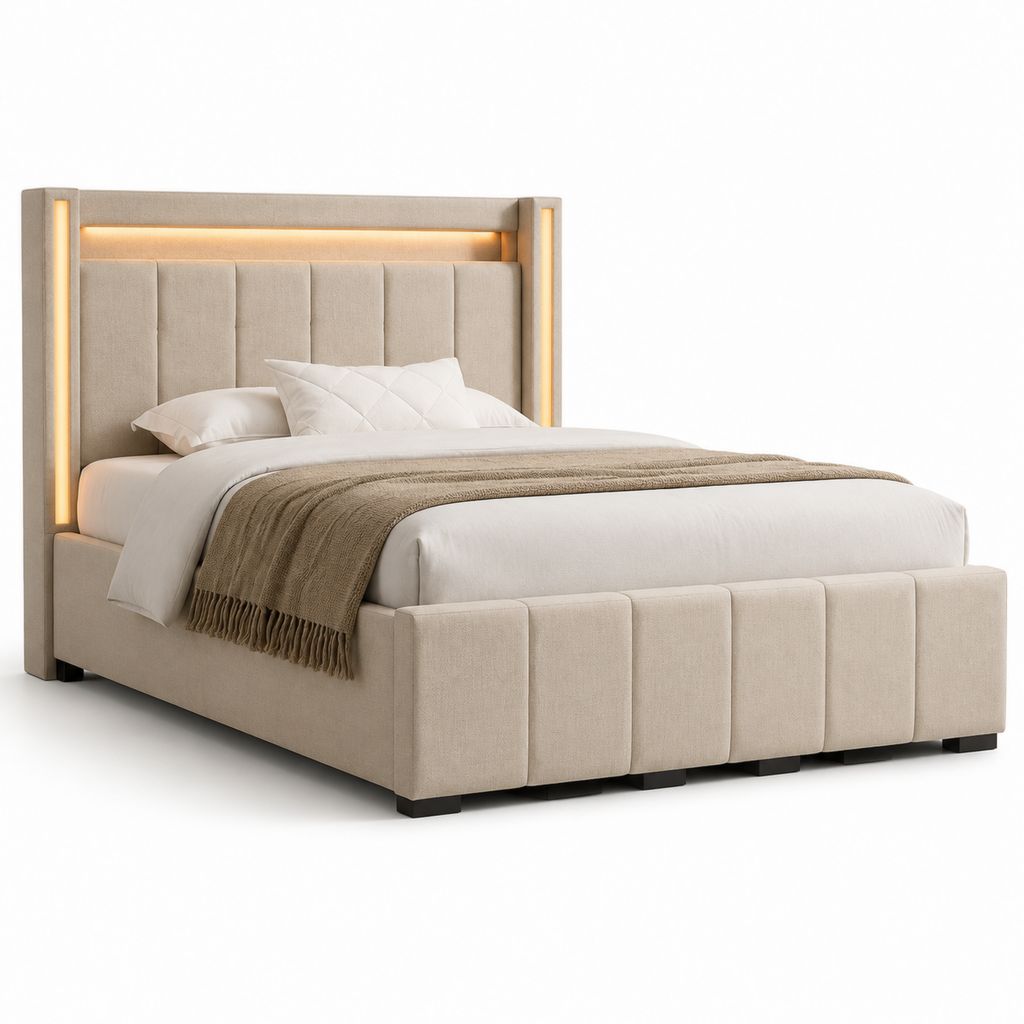 Letto matrimoniale contenitore beige in poliestere con testiera imbottita e illuminazione LED 160 x 200 cm
