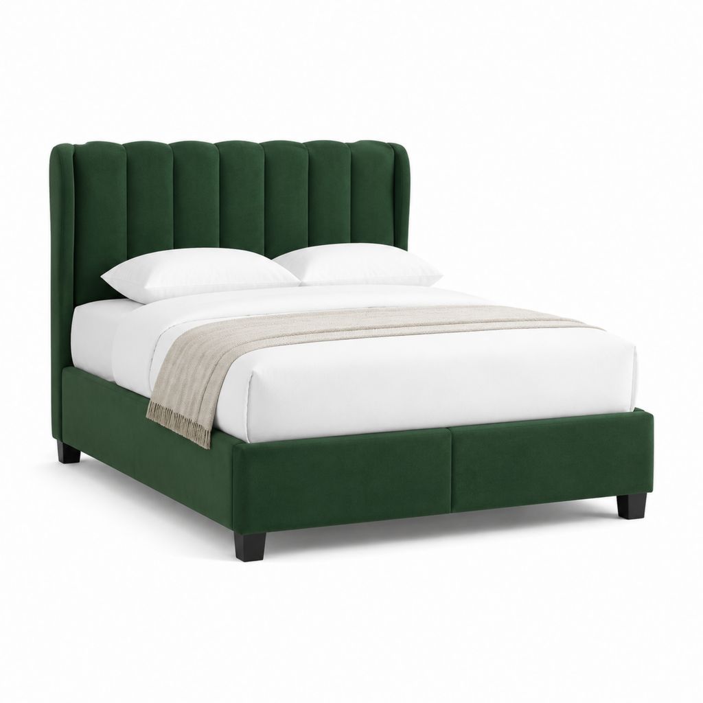 Letto matrimoniale con testiera imbottita verde in velluto di poliestere rettangolare 160 x 200 cm