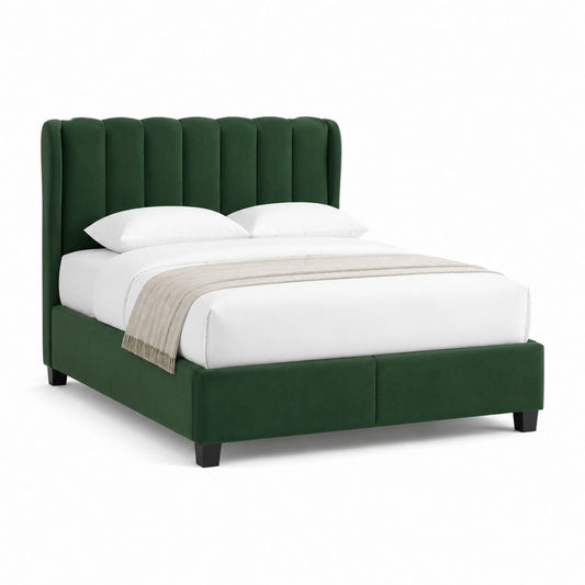 Letto matrimoniale con testiera imbottita verde in velluto di poliestere rettangolare 160 x 200 cm