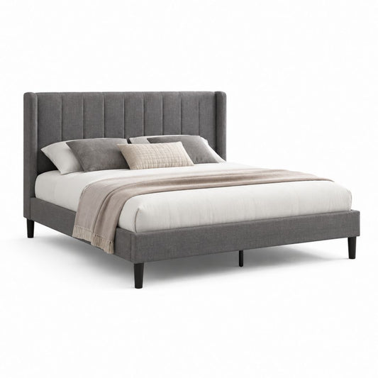 Letto matrimoniale imbottito grigio in poliestere con testiera verticale 160 x 200 cm