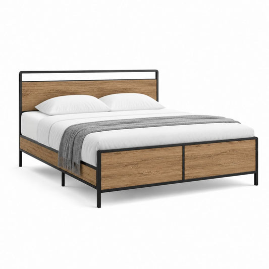 Letto matrimoniale con struttura in acciaio nero e pannelli MDF effetto rovere 160 x 200 cm