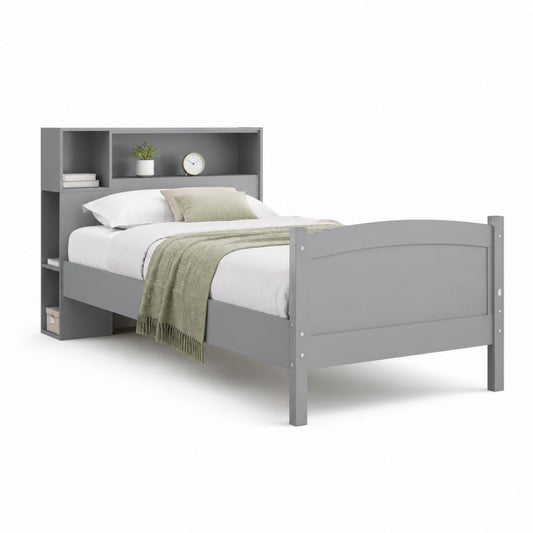 Letto singolo grigio in MDF con testiera libreria 90 x 190 cm
