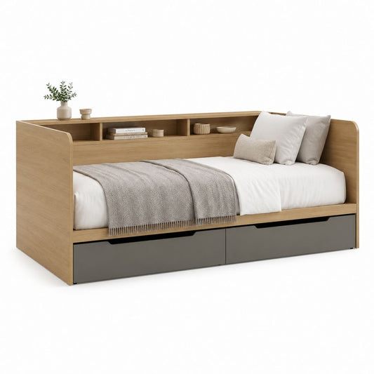 Letto singolo rettangolare con 2 cassetti e libreria rovere chiaro grigio antracite in pannelli truciolari 90 x 200 cm