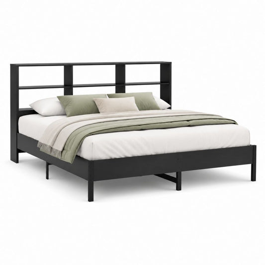 Struttura letto matrimoniale nera in MDF 160 x 200 cm con testiera a ripiani