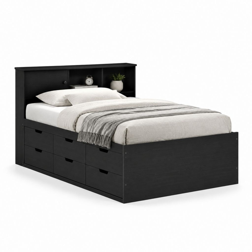 Letto matrimoniale contenitore nero in pannello truciolare rettangolare con testiera libreria e 6 cassetti 140 x 190 cm